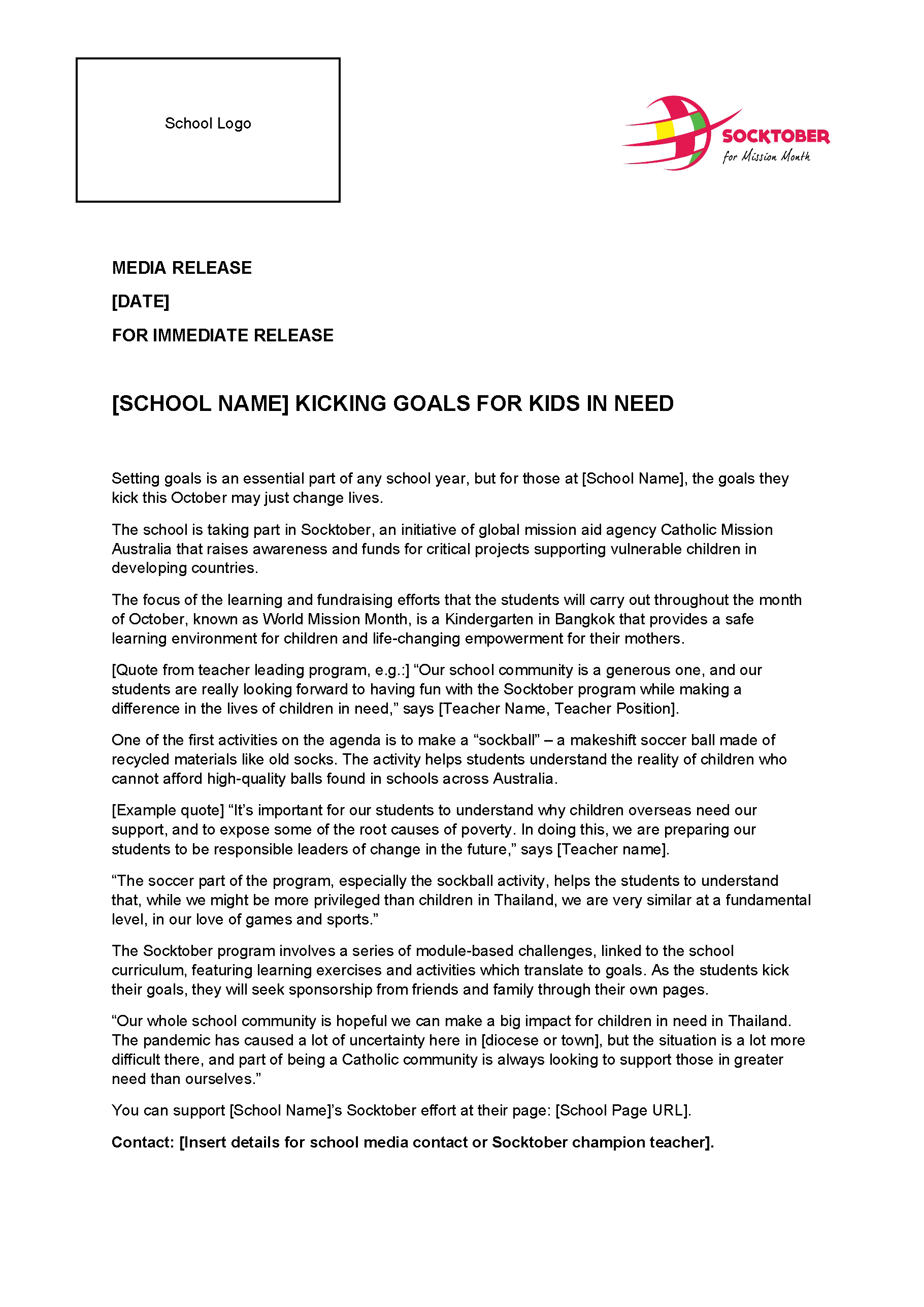 Socktober Media Release Template